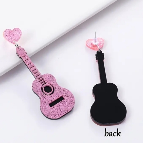 Pink Glitter Acrylic Guitar Earrings - Picture 4 of 4